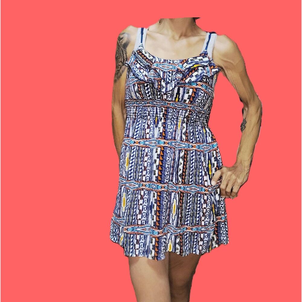 Body Central Aztec Tribal Print Smocked Spaghetti Strap Mini Dress Size Small